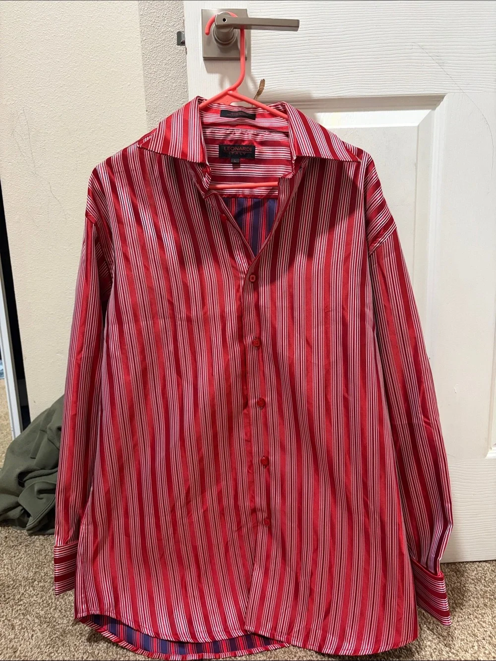 Men's Red Striped Button-Down Dress Shirt by Leonardi